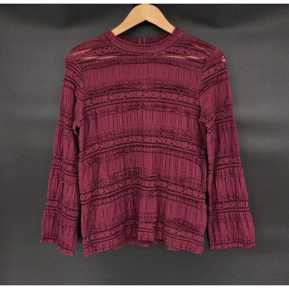 By Timo Womens Lace Long Sheer Sleeve Top M Burgundy Boho Chic Bohemian Western